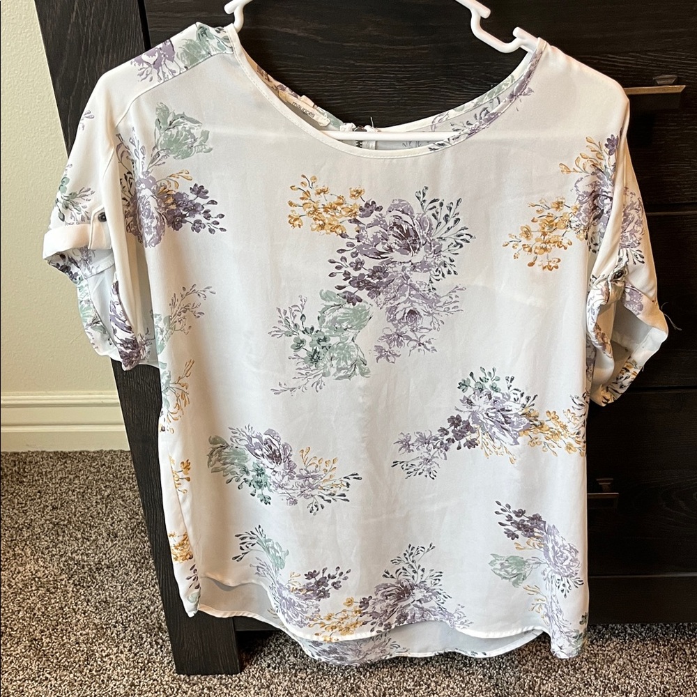 Maurices Cream Floral Short-Sleeve Blouse with Purple and Sage Accents